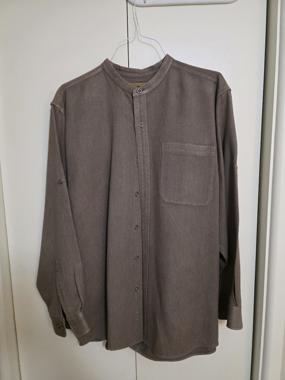 Mens Grey-Brown Button-Up Shirt with Mandarin Collar